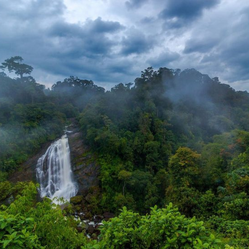 Scenic waterfall cascading through rocks and greenery near Munnar