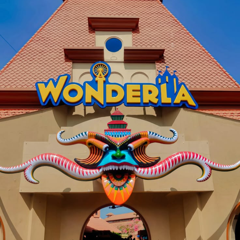 Colorful water slides and rollercoasters at Wonderla Kochi theme park
