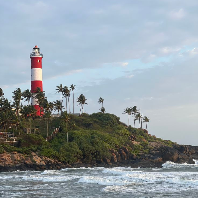 Red and white striped Thangassery Lighthouse built in 1902