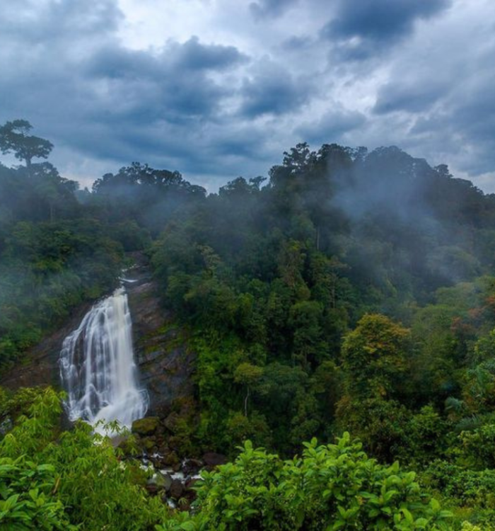 Scenic waterfall cascading through rocks and greenery near Munnar