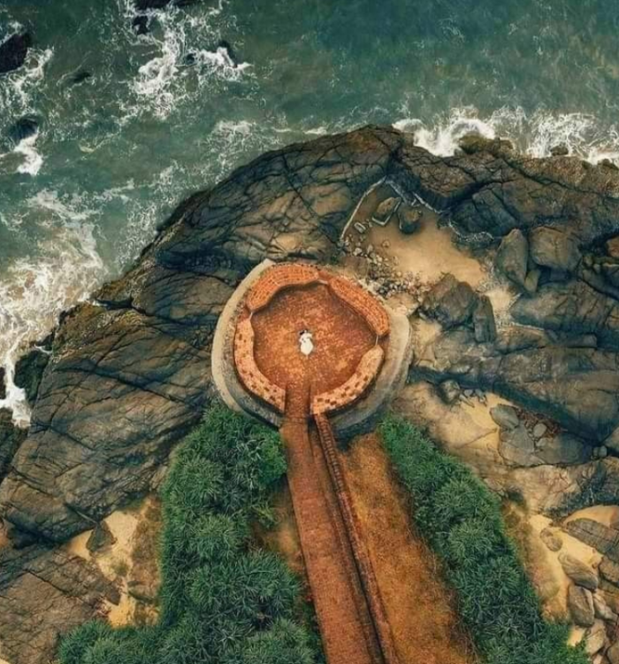 Aerial-style view of the keyhole-shaped architecture of Bekal Fort in Kasaragod.